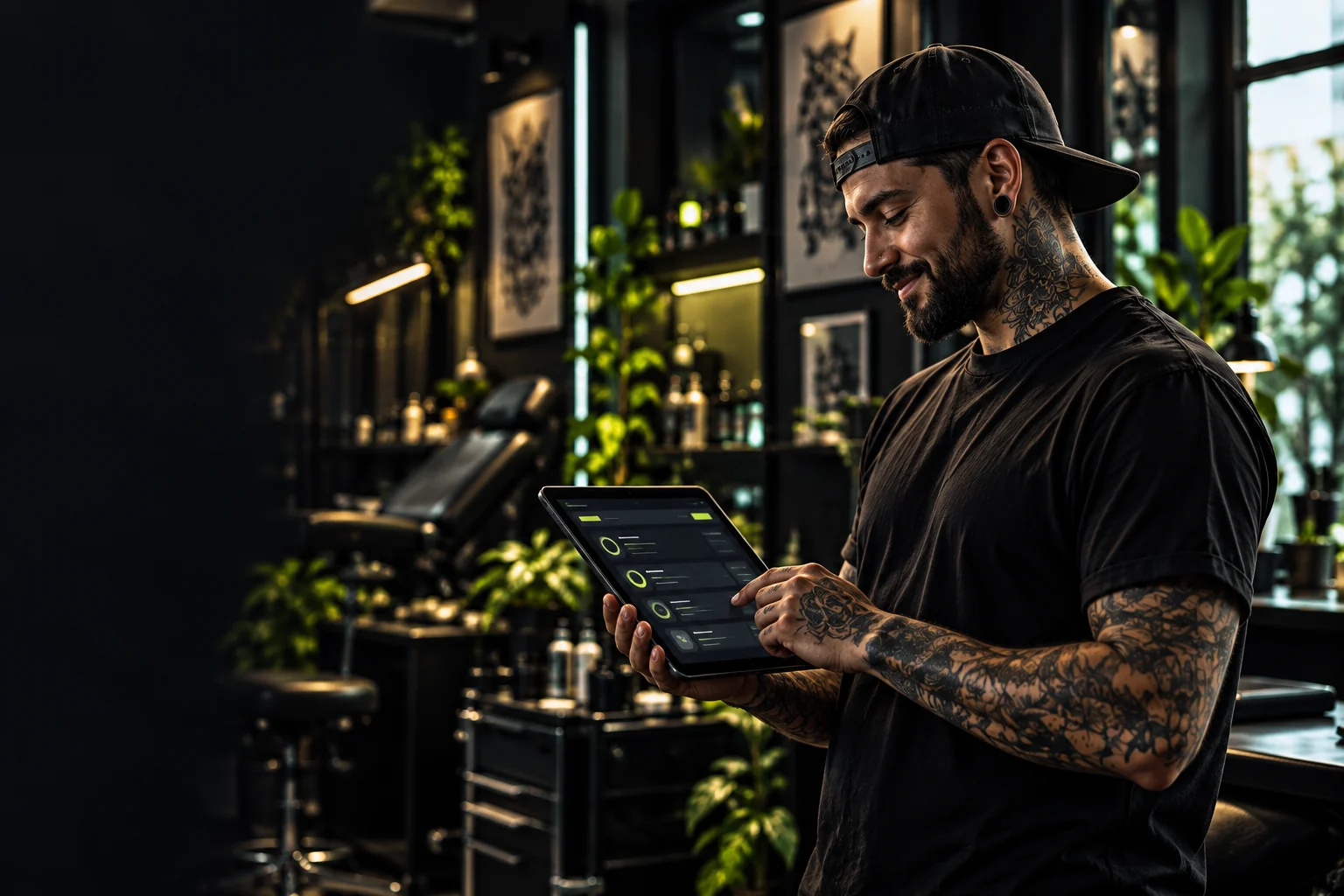 Tatuador usando um tablet para acompanhar o atendimento do seu negócio de tatuagem